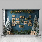 Aperturee - Aperturee Modern Christmas Photography Backdrop Blue Wall with Hanging Kraft Paper Presents Flocked Trees Holiday Background